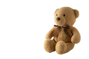 Toy teddy isolated on white background. Little toy, childhoo and education.