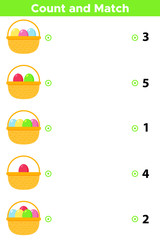 Counting educational game for preschool kids. Vector Easter eggs in the basket. Count and match - worksheet for children.