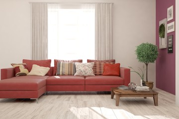 Colorful stylish minimalist room with sofa. Scandinavian interior design. 3D illustration