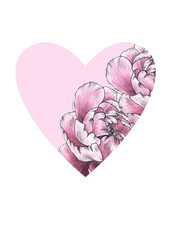 Floral heart with pink peoni flowers. Watercolor for Valentine day, wedding.