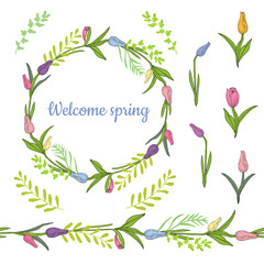 Colorful wreath from beautiful tulips and herbs. Endless horizontal brush. Seamless horizontal border.