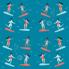 Fototapeta na wymiar Trendy retro vintage vector summertime vacation seamless pattern illustration: women and girls surfing on surfboards. Summertime sea beach holidays or rest time concept.