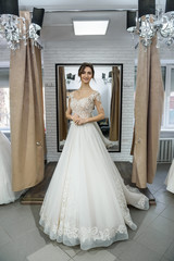 Fototapeta premium Bride in wedding dress posing with hands on waist