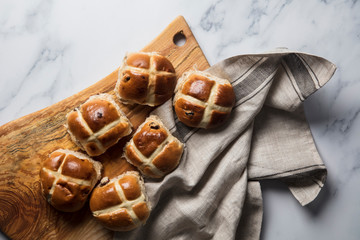 Traditional hot cross buns with raisins. Easter springtime treat