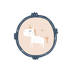 Vector cute animal painting portrait in frame. Child cute illustration, nursery decor. Baby style