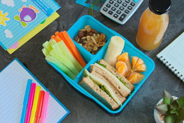Healthy lunch box for school with sandwich, vegetablea, nuts and fruits