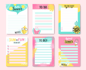 Templates for notes, to do and buy lists.Organizer,planner,schedule for your design.Summer hand drawn blanks with tropical leaves,ice cream and fruits-pineapple,watermelon,lemon.Vector illustration.