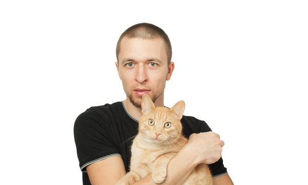 man in black shirt with orange cat on white background