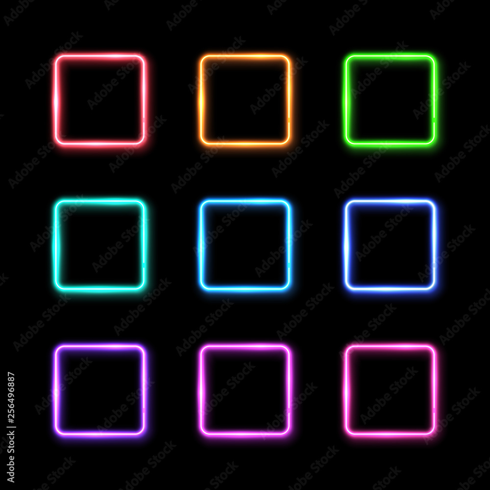 Poster square frames set on black background. colorful rectangle neon signs collection in the shape of squa
