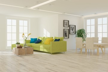 White stylish minimalist room with sofa. Scandinavian interior design. 3D illustration