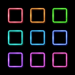 Square frames set on black background. Colorful rectangle neon signs collection in the shape of square. Electric element design template. Halogen or led lamp outlines pack. Glowing vector illustration
