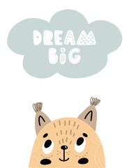 Dream big - Cute hand drawn nursery poster with cartoon character animal squerrel and lettering. In scandinavian style. Color vector illustration - 256497028