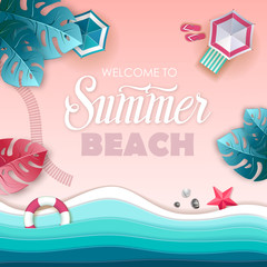 Top view of tropic summer beach with ocean background. Paper cut out art design