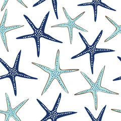 Coastal, nautical starfish repeat pattern. Navy blue and turquoise sea stars on a white background. Seamless vector design with fresh clean look that says vacation, beach wedding or resort and spa.