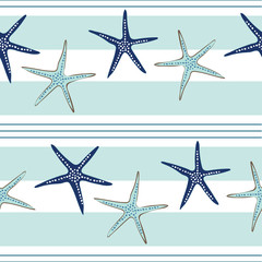 Coastal, nautical starfish repeat pattern. White pinstripes and sea stars on a turquoise background. Seamless vector design with fresh clean look that says vacation, beach wedding or resort and spa.