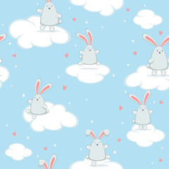 Seamless Background with Easter Bunny and Valentines Hearts on Blue Sky