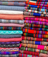 Handmade alpaca wool scarfs on local la barraca market in Arequipa on 20th march 2019
