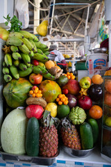 Fresh colorfu and well stacked juice stand at la barraca in Arequipa, Peru on 20th of march 2019