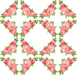 Seamless pattern watercolor bouquet of three roses with leaves  on a white rhombus background. 