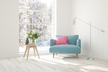 White stylish minimalist room with armchair and winter landscape in window. Scandinavian interior design. 3D illustration