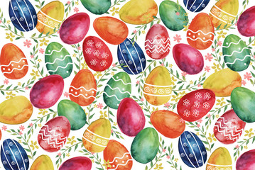 Easter watercolor background with colorful Easter eggs and spring plants