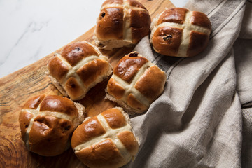 Traditional hot cross buns with raisins. Easter springtime treat