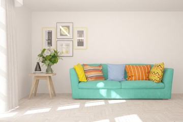 White stylish minimalist room with colorful sofa. Scandinavian interior design. 3D illustration