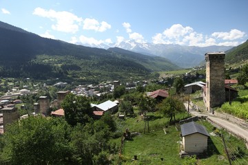 Fototapeta premium Close view of three towers in Adishi village on Mestia to Ushguli trek in Svaneti, Georgia.