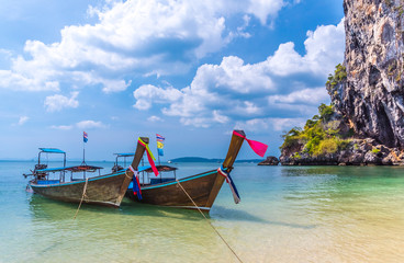 Traditional Long tail boat tropical beach, Krabi, Thailand