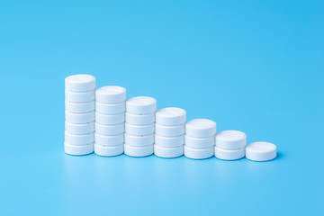 White pills or tablets stacked on each other in the form of steps on blue background