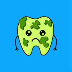 Cute tooth cartoon character. Emoticons with different facial expressions. Dental care concept isolated on blue background. Vector Illustration. 