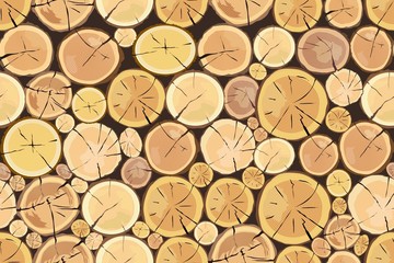 Wooden logs. Brown bark of felled dry wood.