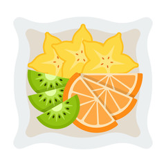 Pieces of fruit for breakfast on a plate vector icon flat isolated