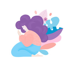 Girl prays, meditates while sitting on her lap. Vector illustration of flat style.