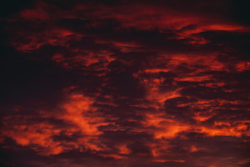 Fototapeta na wymiar Fiery red blood vampire dawn. Amazing warm dramatic fire cloudy sky. Vivid orange sunlight. Atmospheric background of sunrise in overcast weather. Hard cloudiness. Storm clouds warning. Copy space.