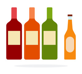 White, red, rose wine in bottles and apple cider flat isolated