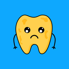 Cute tooth cartoon character. Emoticons with different facial expressions. Dental care concept isolated on blue background. Vector Illustration. 