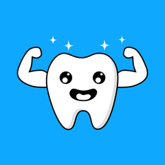 Cute tooth cartoon character. Emoticons with different facial expressions. Dental care concept isolated on blue background. Vector Illustration. 