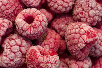 Red frozen frosted raspberries.