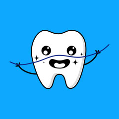 Cute tooth cartoon character. Emoticons with different facial expressions. Dental care concept isolated on blue background. Vector Illustration. 