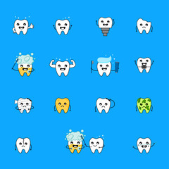 Cute tooth cartoon character. Emoticons with different facial expressions. Dental care concept isolated on blue background. icons set. Vector Illustration.