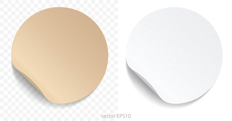 Vector set of round adhesive stickers with a folded edges. Brown cardboard and white paper circles. Blank templates of a price tags. Empty mock up for any memos.