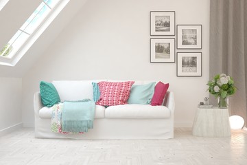 White stylish minimalist room with sofa. Scandinavian interior design. 3D illustration