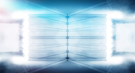 Background of empty room, lamps, neon light, smoke, fog. Neon Light Tunnel, Space Portal