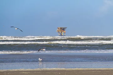 Poster Im Rahmen Offshore production platform near the Dutch island Ameland, beach, breaking waves and gulls in the foreground  © Matauw