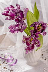 Obraz na płótnie Canvas A bouquet of beautiful purple tulips on a background of white transparent curtain, for cards, holidays, celebrations, spring mood, close-up