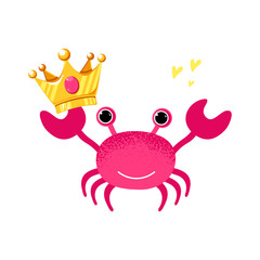 Cartoon crab icon in modern flat style in cartoon crown and hearts. Ocean animal character. Isolated smilling crab. Vector Illustration.