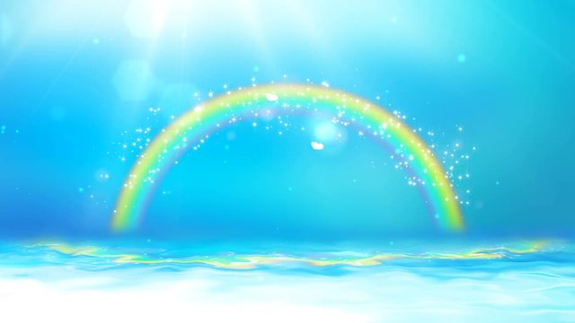 Bright background with sunshine, blue sky, rainbow and sea. Looped 4K motion graphic.