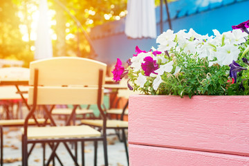 Cafe with tables and chairs in street. Cozy street with flowers and tables of cafe