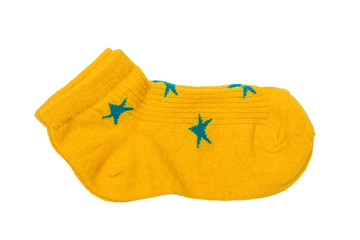 Yellow socks with blue stars on white background. Pair of socks isolated on a white background. Isolated socks